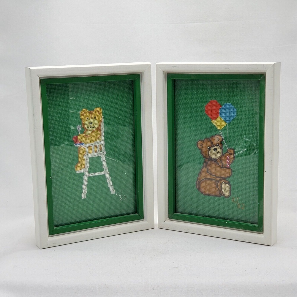 Vintage 1982 Pair of Needlepoint Cross Stitch‎ Framed Completed Artwork BEARS